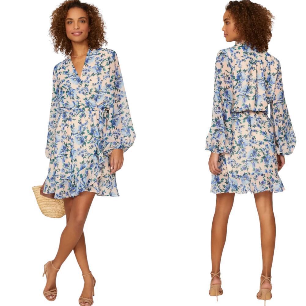 Alexia Admor Blue Floral Faux Wrap Ruffle Trim Mini Dress Women’s Size 6 NWT